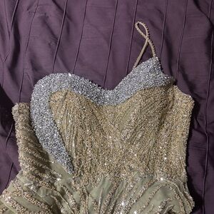 Gold Beaded Strapless Evening Dress with Silver Accented Bodice